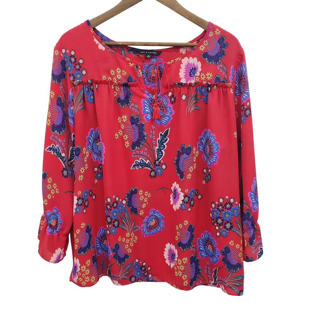Zac & Rachel Womens Red Floral Long Sleeve Blouse Top Size XL Keyhole‎ Neck